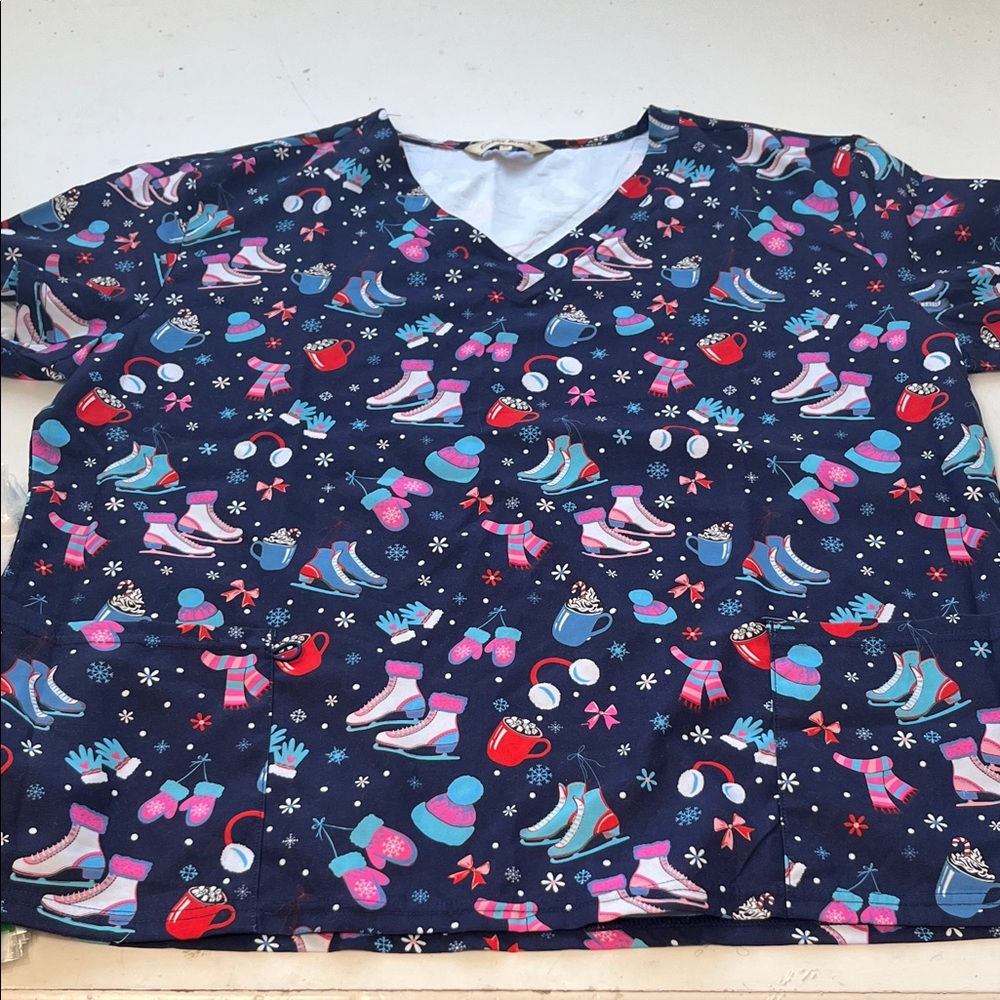 Gabby Brooke 2X Navy Blue Ice Skating Winter Short Sleeve V Neck Scrub Top